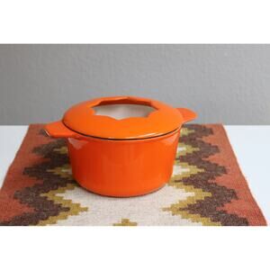 1960's Vintage Fondue Cast Iron Retro Orange Pot ~ Enamel Coated ~ Open Star Lid